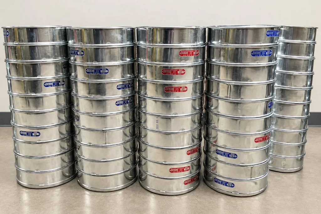 Large stock of stainless steel laboratory test sieves at Labtek Enterprises